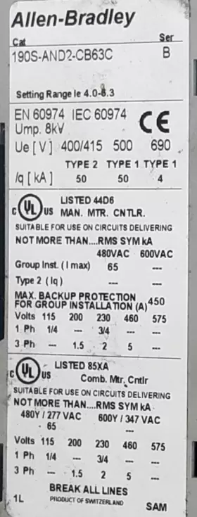 Allen-bradley 190s-and2-cb63c Combination Starter #2