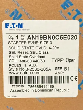 An19bn0c5e020 Eaton New Nema Starter Fvnr Size 440/480v Coil With Overload 4-20a