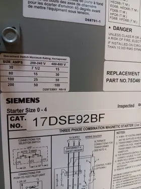 17dse92bf Siemens Three Phase Combination Magnetic Starter Shut Off Safety #3