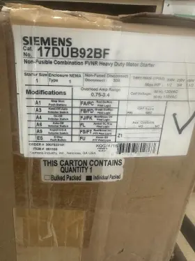 Siemens 17dub92bf New In Box Siemens-furnas 17dub92bf11 Sz 1 3ph Fvnr Fusible Combination Starter