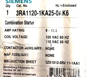 Siemens 3ra1120-1ka25-0ak6 Comb. Starter Coil Voltage 120vac 60hz /110 Vac 50hz