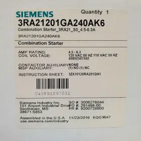 3ra21201ga240ak6 Siemens New Sirius Combination Starter 120v 6.3a #2