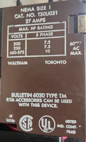 T3ouo31 Sylvania Nema Size 1 Reversing Starter 27amps 120 Coil Voltage #2